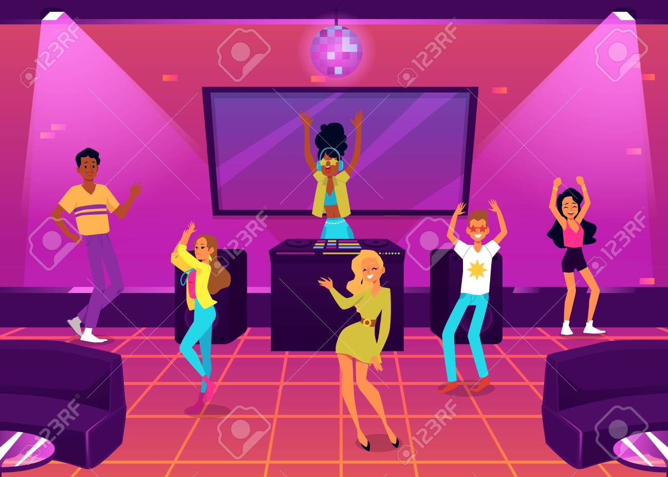 Dance Party Scene With Dancing Young People Characters And DJ In Night Club Interior. Dance And Music Disco Club Or Bar Room, Flat Cartoon Vector Illustration. Royalty Free SVG, Cliparts, Vectors, And Dance Party Scene With Dancing Young People Characters And DJ In Night Club Interior. Dance And Music Disco Club Or Bar Room, Flat Cartoon Vector Illustration. Royalty Free SVG, Cliparts, Vectors, And