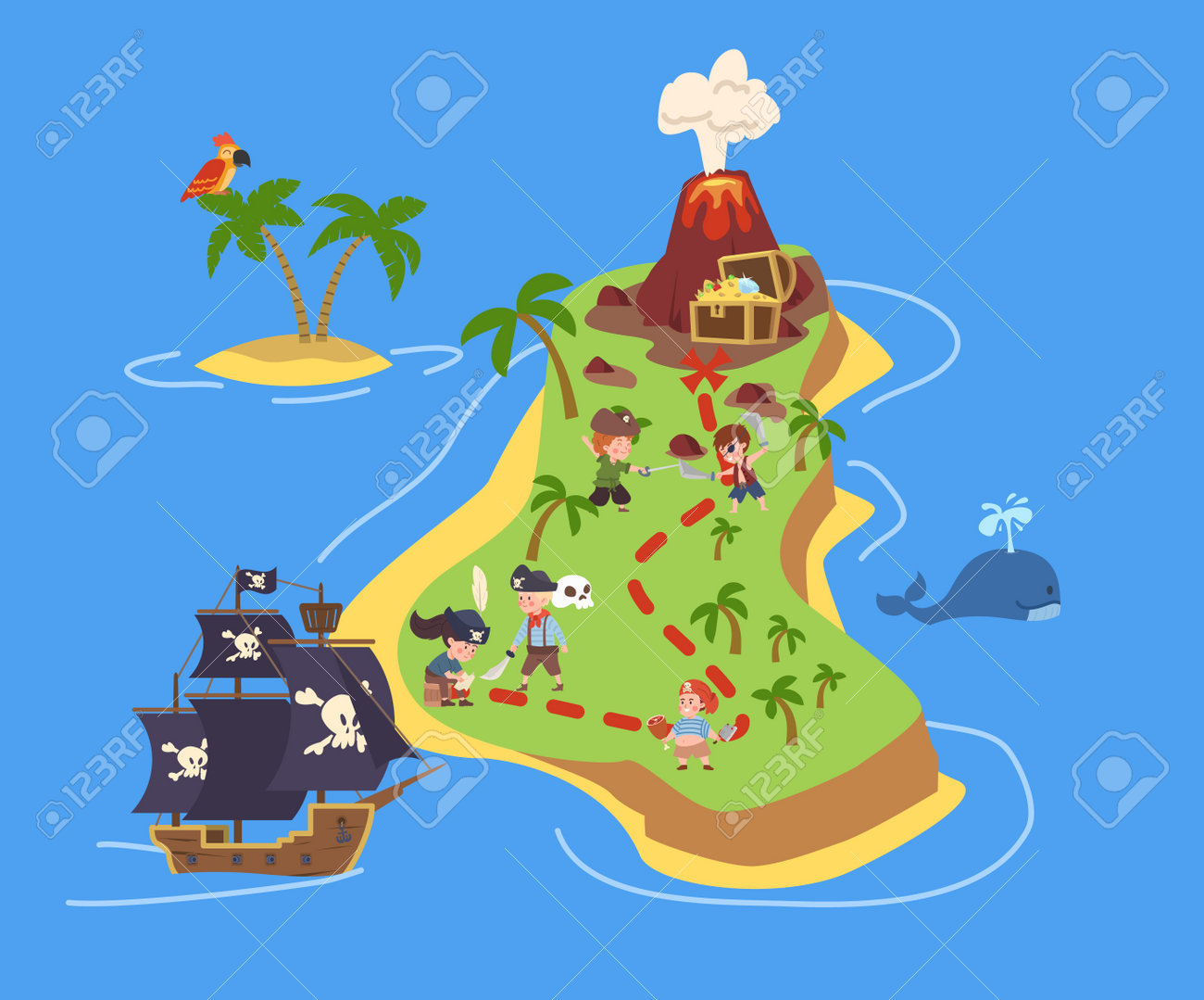 Treasure Map On Island With Volcano, Pirate Kids Looking For Chest With  Gold, Cartoon Flat Vector Illustration. Клипарты, SVG, векторы, и Набор  Иллюстраций Без Оплаты Отчислений. Image 207095998