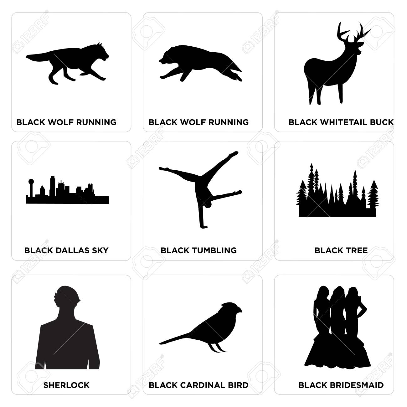 Set Of 9 Simple Editable Icons Such As Black Bridesmaid, Black Cardinal  Bird, Sherlock, Black Tree, Black Tumbling, Black Dallas Sky, Black  Whitetail Buck, Black Wolf Running, Black Wolf Running, Can Royalty