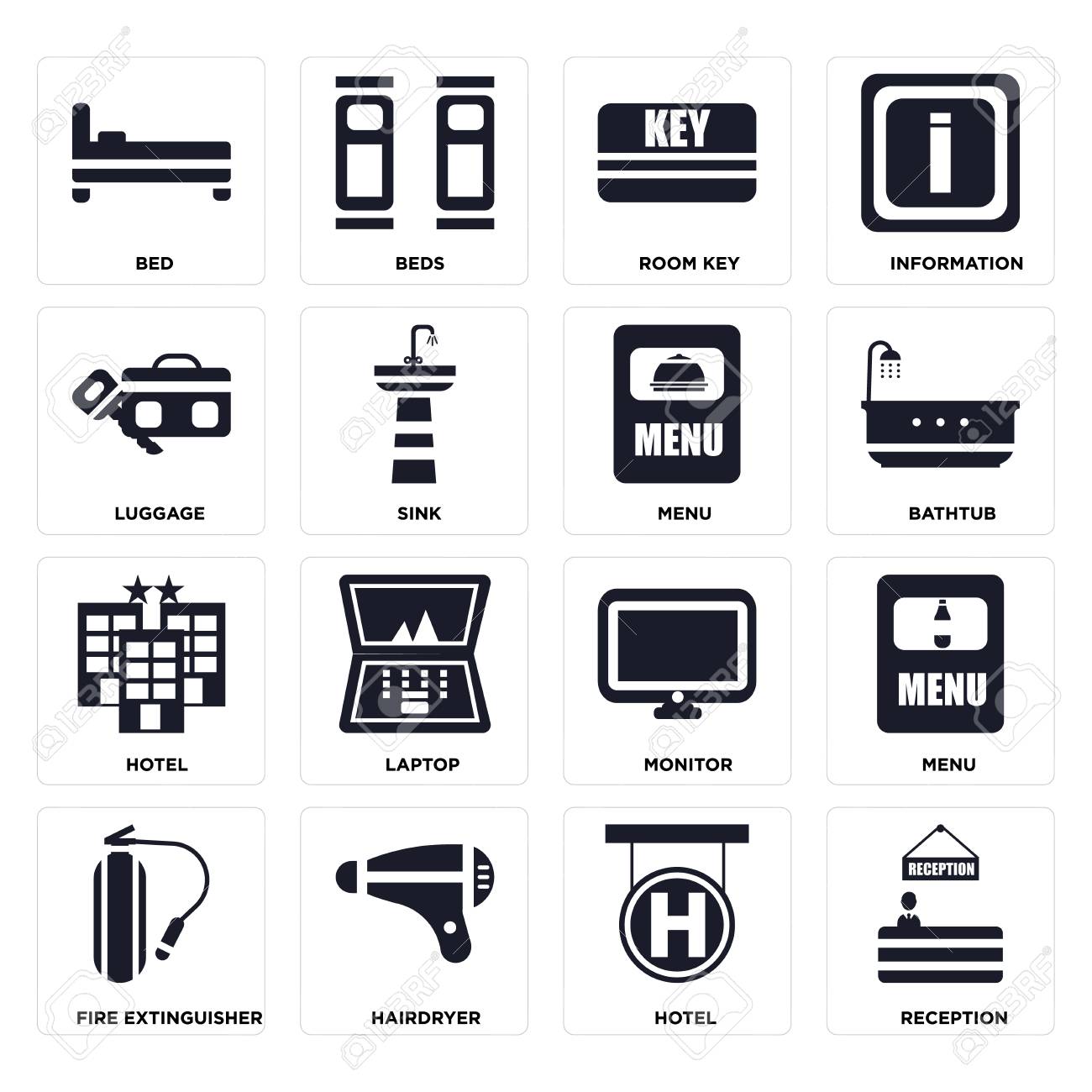 Set Of 16 icons such as Reception, Hotel, Hairdryer, Fire extinguisher, Menu, Bed, Luggage on transparent background, pixel perfect - 116184580 Set Of 16 icons such as Reception, Hotel, Hairdryer, Fire extinguisher, Menu, Bed, Luggage on transparent background, pixel perfect - 116184580