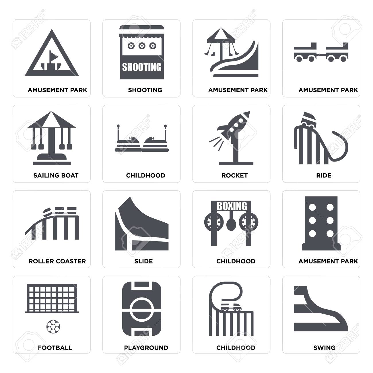 Set Of 16 icons such as Swing, Childhood, Playground, Football, Amusement park, Sailing boat, Roller coaster, Rocket on transparent background, pixel perfect - 116181792 Set Of 16 icons such as Swing, Childhood, Playground, Football, Amusement park, Sailing boat, Roller coaster, Rocket on transparent background, pixel perfect - 116181792