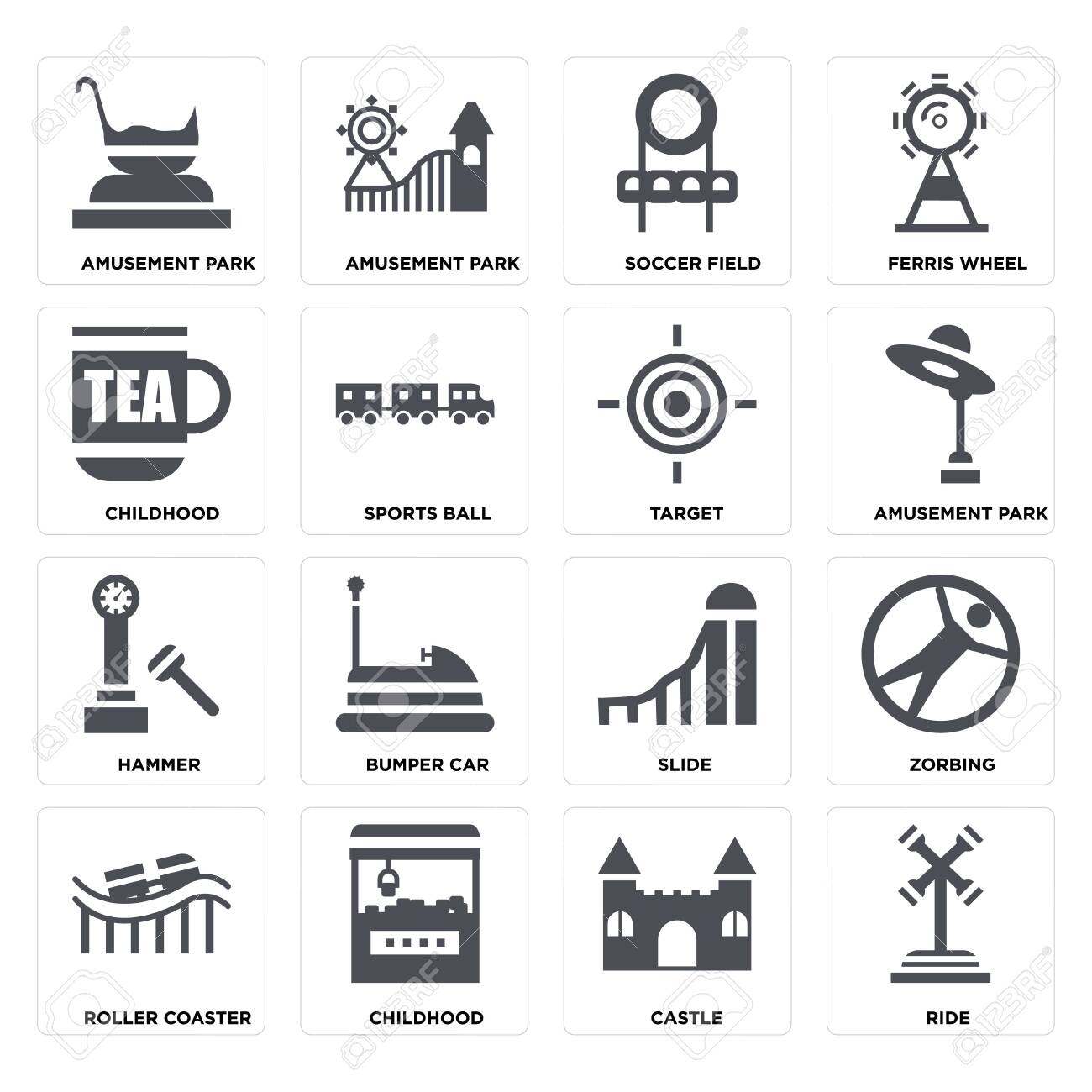 Set Of 16 icons such as Ride, Castle, Childhood, Roller coaster, Zorbing, Amusement park, Hammer, Target on transparent background, pixel perfect - 116181797 Set Of 16 icons such as Ride, Castle, Childhood, Roller coaster, Zorbing, Amusement park, Hammer, Target on transparent background, pixel perfect - 116181797