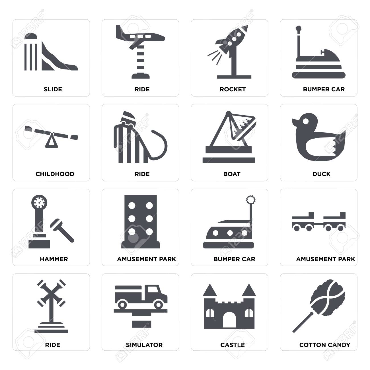 Set Of 16 icons such as Cotton candy, Castle, Simulator, Ride, Amusement park, Slide, Childhood, Hammer, Boat on transparent background, pixel perfect - 116181800 Set Of 16 icons such as Cotton candy, Castle, Simulator, Ride, Amusement park, Slide, Childhood, Hammer, Boat on transparent background, pixel perfect - 116181800
