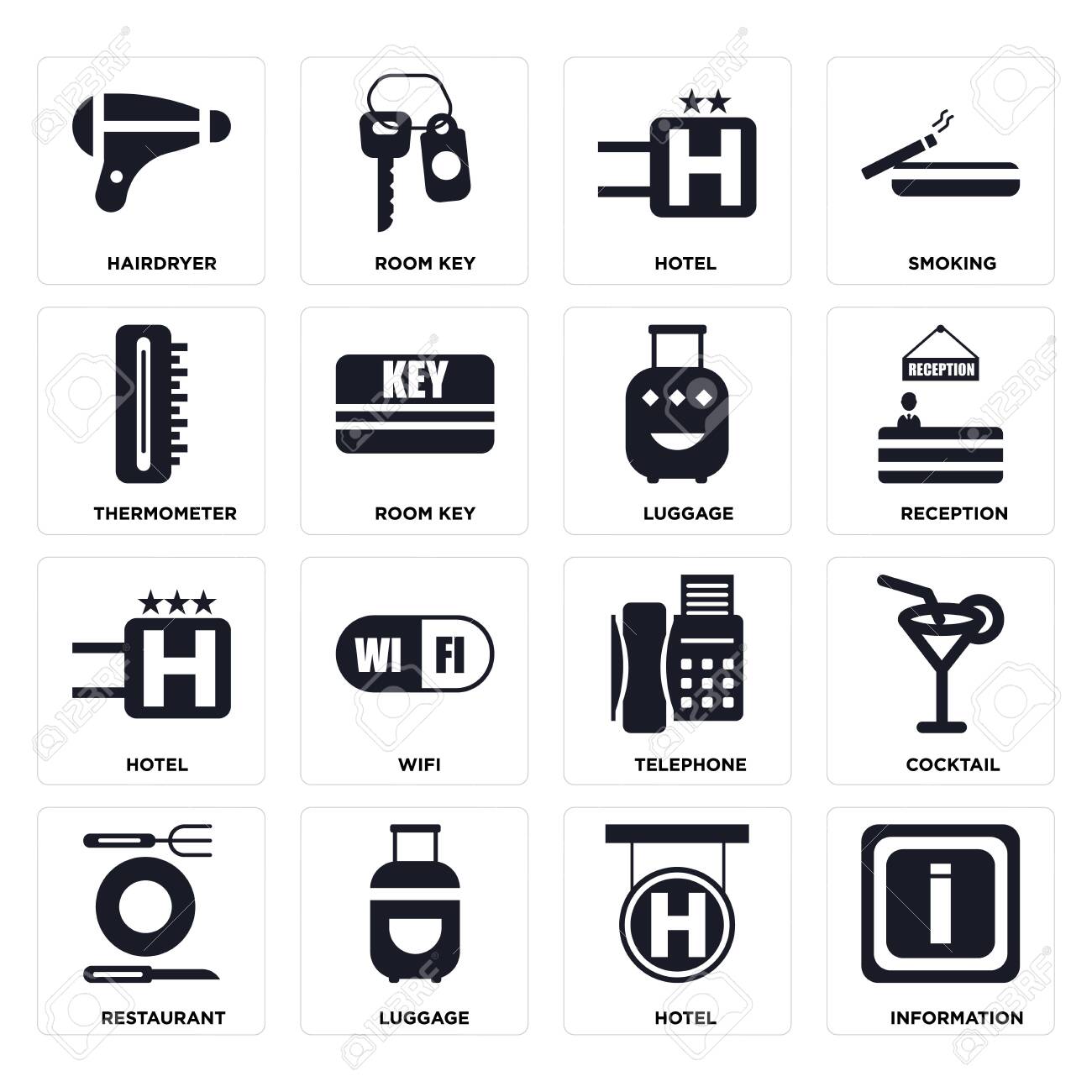 Set Of 16 icons such as Information, Hotel, Luggage, Restaurant, Cocktail, Hairdryer, Thermometer on transparent background, pixel perfect - 116181807 Set Of 16 icons such as Information, Hotel, Luggage, Restaurant, Cocktail, Hairdryer, Thermometer on transparent background, pixel perfect - 116181807