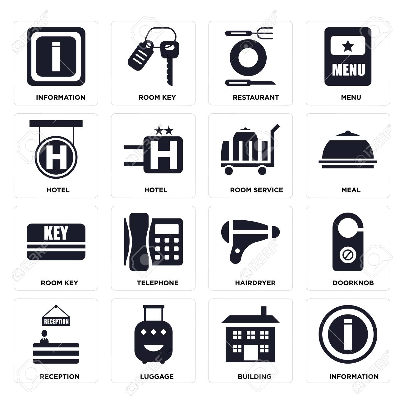 Set Of 16 icons such as Information, Building, Luggage, Reception, Doorknob, Hotel, Room key, service on transparent background, pixel perfect - 116184586 Set Of 16 icons such as Information, Building, Luggage, Reception, Doorknob, Hotel, Room key, service on transparent background, pixel perfect - 116184586