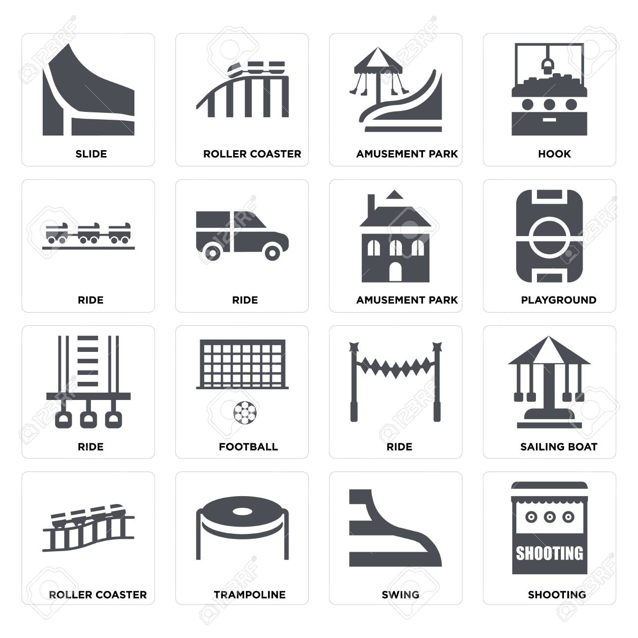 Set Of 16 icons such as Shooting, Swing, Trampoline, Roller coaster, Sailing boat, Slide, Ride, Amusement park on transparent background, pixel perfect - 116571245 Set Of 16 icons such as Shooting, Swing, Trampoline, Roller coaster, Sailing boat, Slide, Ride, Amusement park on transparent background, pixel perfect - 116571245