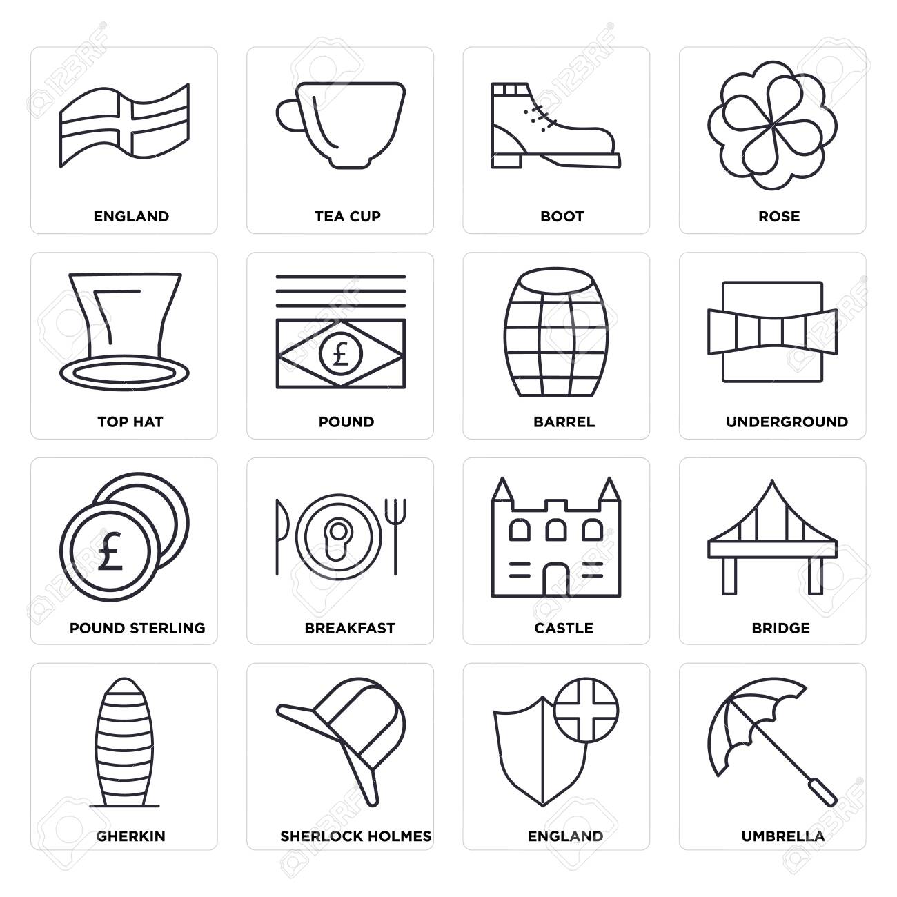 Set Of 16 icons such as Umbrella, England, Gherkin, Bridge, Top hat, Pound sterling, Barrel, web UI editable icon pack, pixel perfect - 130332477 Set Of 16 icons such as Umbrella, England, Gherkin, Bridge, Top hat, Pound sterling, Barrel, web UI editable icon pack, pixel perfect - 130332477