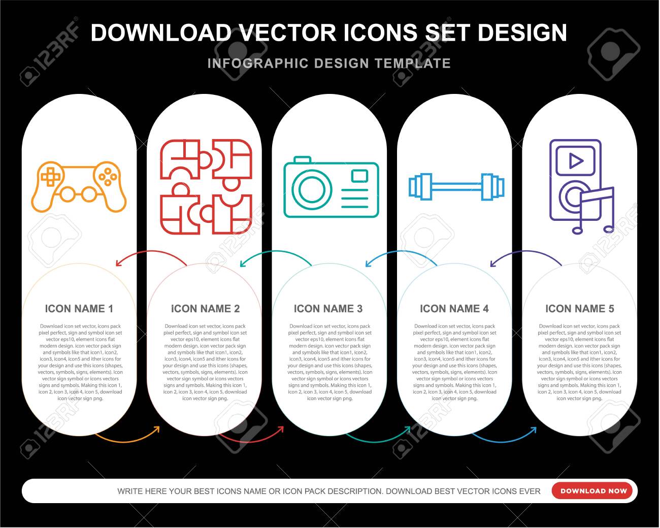5 vector icons such as Video game, Puzzle, Photo camera, Weight, for infographic, layout, annual report, pixel perfect icon - 130332495 5 vector icons such as Video game, Puzzle, Photo camera, Weight, for infographic, layout, annual report, pixel perfect icon - 130332495