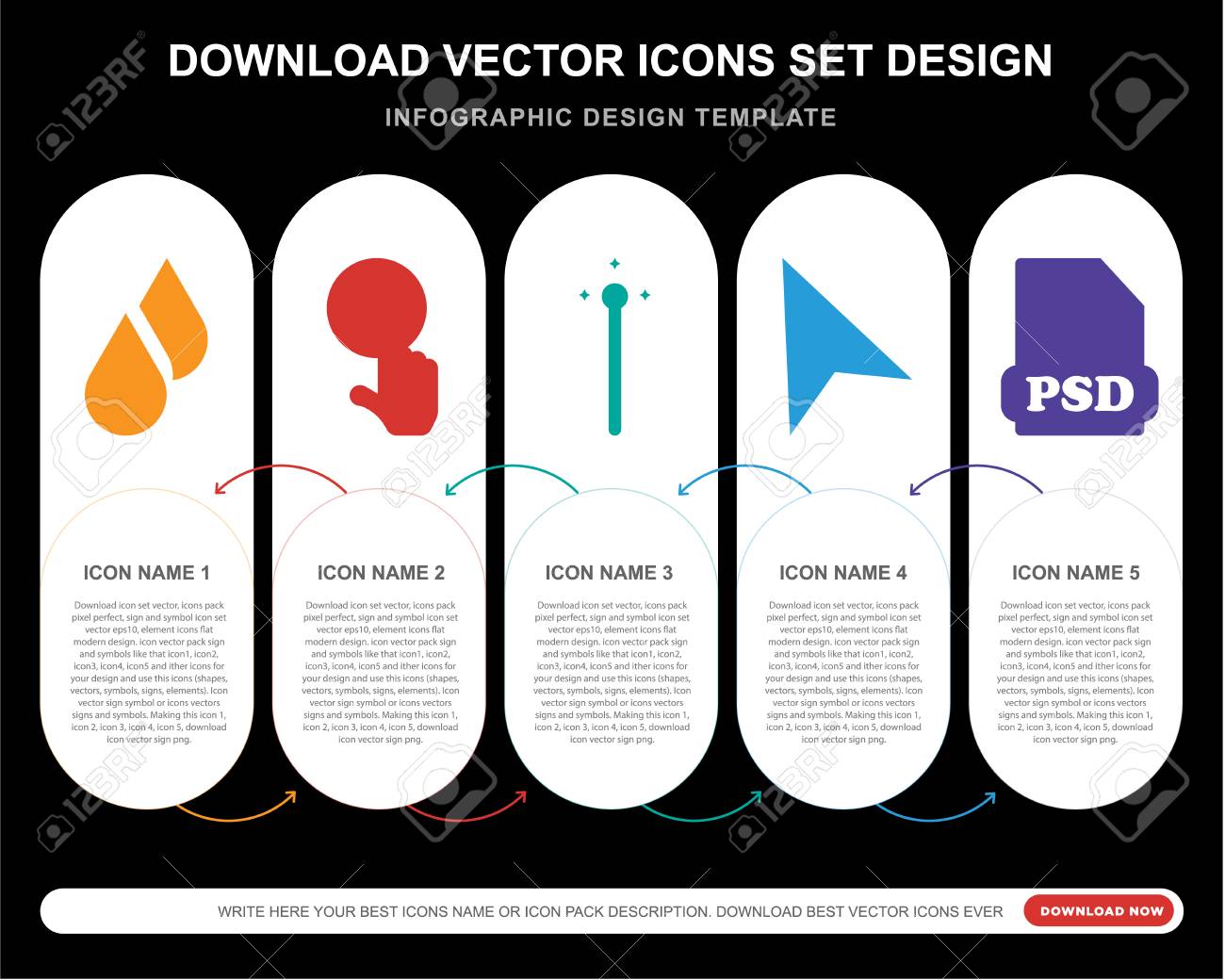 5 Vector Icons Such As Drop, Tap, Magic Wand, Cursor, Psd For Infographic,  Layout, Annual Report, Pixel Perfect Icon Клипарты, SVG, векторы, и Набор  Иллюстраций Без Оплаты Отчислений. Image 111887428
