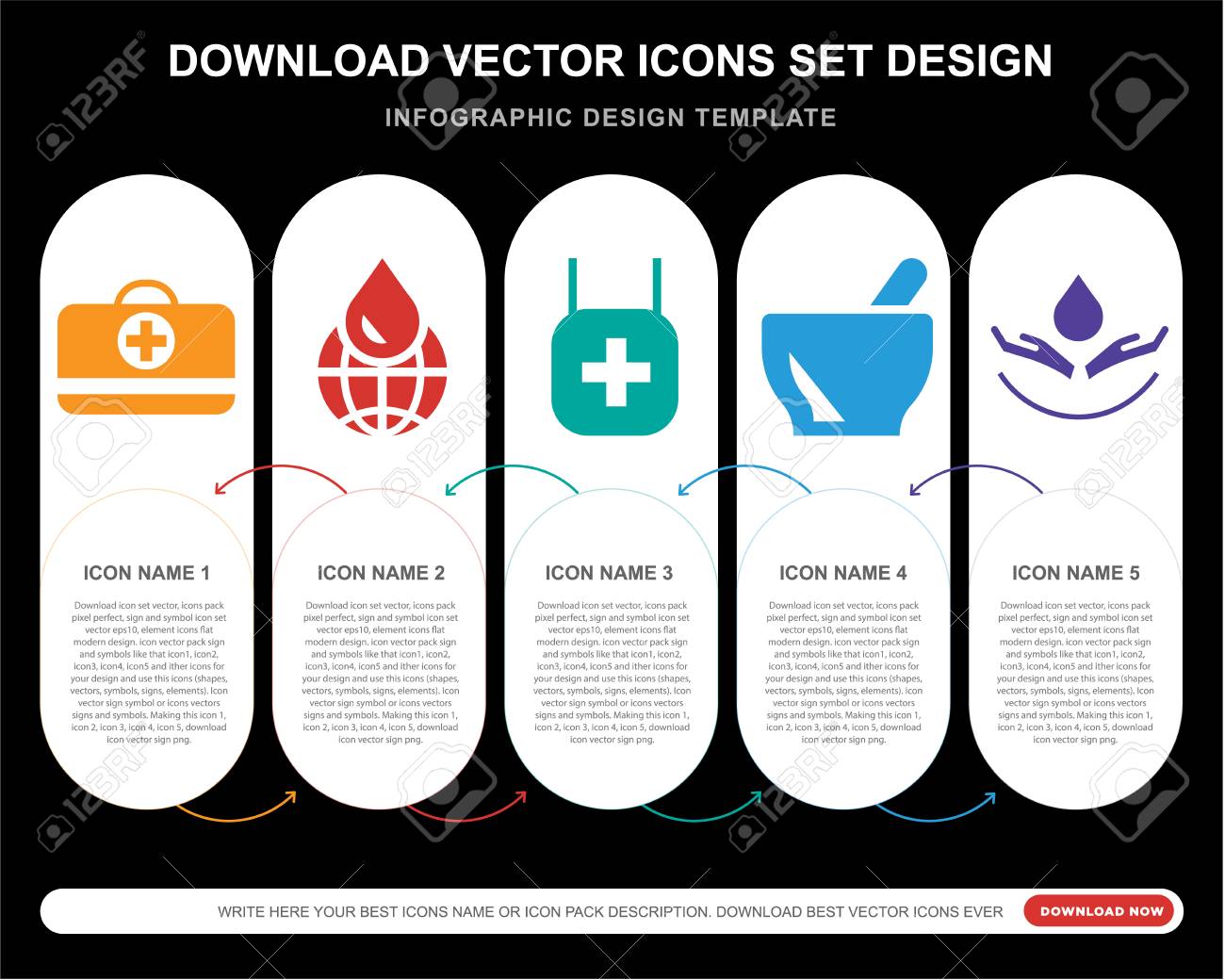 인포그래픽 레이아웃 연간 보고서 픽셀 완벽한 아이콘을 위한 구급 상자 글로벌 약국 박격포 혈액과 같은 5개의 벡터 아이콘 로열티 무료  사진, 그림, 이미지 그리고 스톡포토그래피. Image 111888094