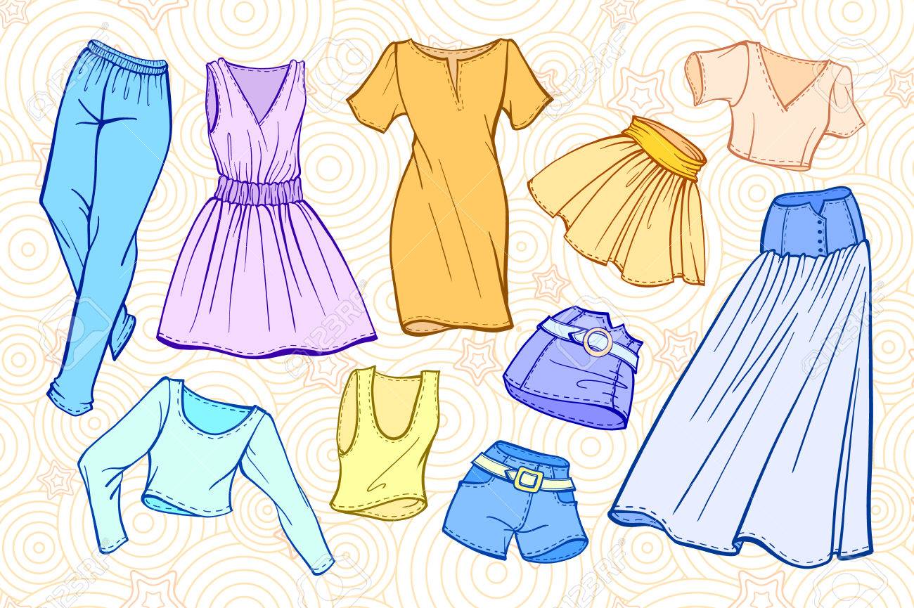 ファッションの女性の服のセット ドレス スカート ジーンズ 短パン T シャツ のイラスト素材 ベクタ Image