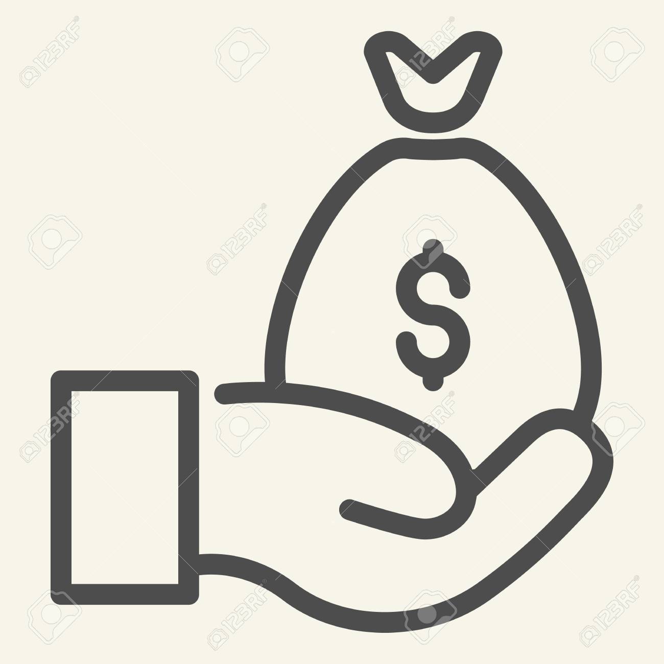 Money Bag On The Hand Line Icon Cash Bag In Palm Vector Illustration - 