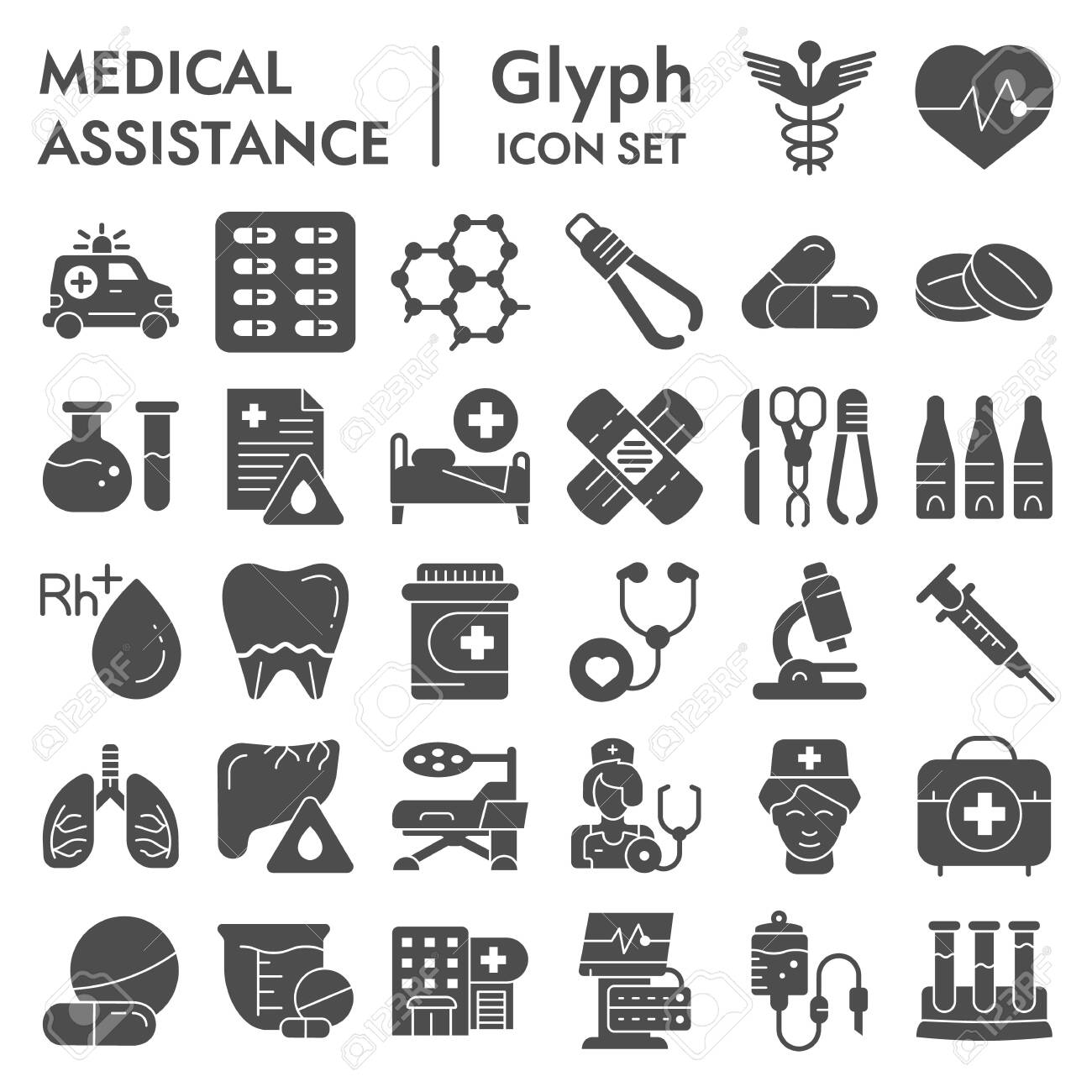 Medical assistance glyph icon set, healthcare symbols collection, vector sketches, illustrations, medicine equipment signs solid pictograms package isolated on white background, eps 10. - 132066883 Medical assistance glyph icon set, healthcare symbols collection, vector sketches, illustrations, medicine equipment signs solid pictograms package isolated on white background, eps 10. - 132066883