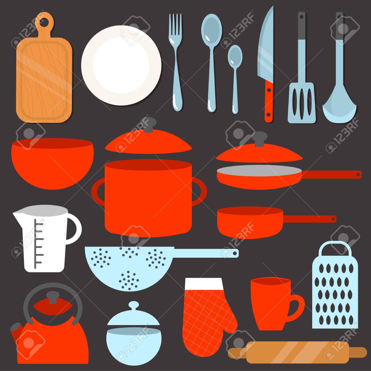A Set Of Modern Kitchen Utensils. Most Used Kitchenware. Vector  Illustration In Flat Style Royalty Free SVG, Cliparts, Vectors, and Stock  Illustration. Image 141163103., image size:1300x1300