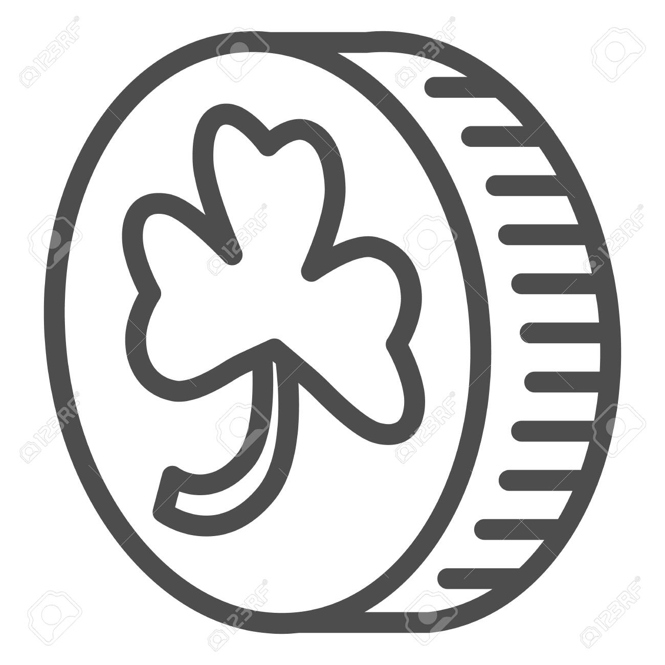 クローバーラインアイコンの付いたコイン。レプラコーンは、白い背景に4つの葉の輪郭スタイルのピクトグラムを持つ金のラッキーコイン。モバイルコンセプトとウェブデザインのための聖パトリックの日の富。ベクターグラフィックス。のイラスト素材・ベクター  Image 144193398