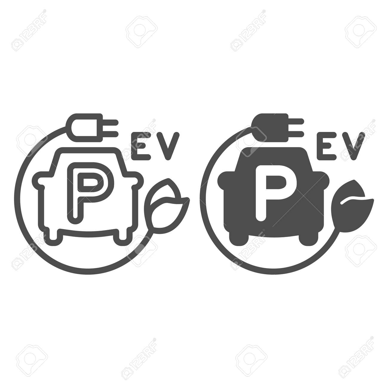 EV 충전 라인과 솔리드 아이콘이 있는 자동차 주차, 전기 자동차 개념, 흰색 배경에 전기 자동차 주차 기호, 모바일, 웹용 개요  스타일의 EV 충전 스테이션 아이콘. 벡터 그래픽. 로열티 무료 사진, 그림, 이미지