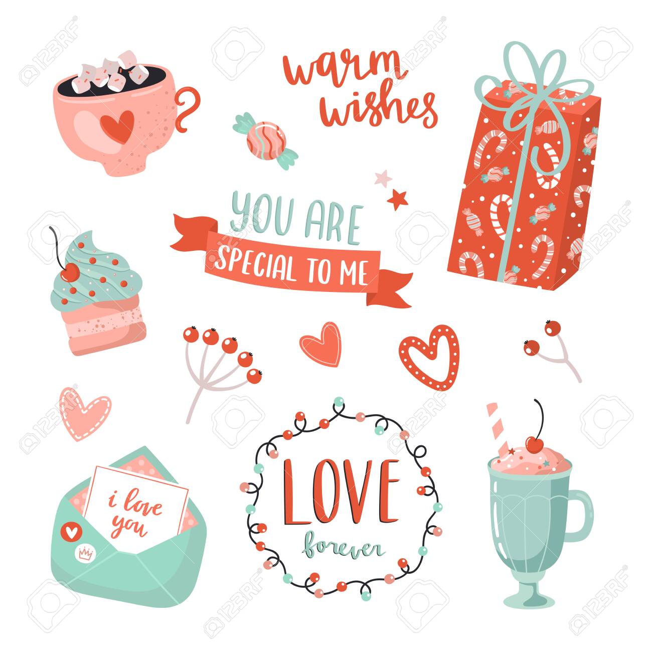 cute love stickers with valentines day elements and romantic topography vector hand drawn illustrations and lettering isolated on white perfect for planners scrapbook sticker kit t shirt design royalty free cliparts vectors and
