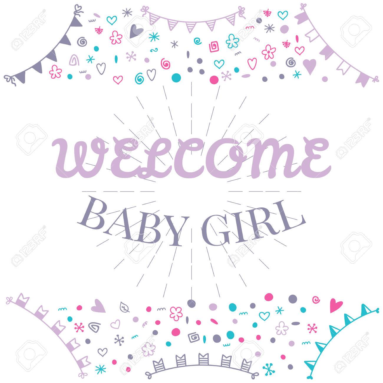 Bienvenue Bebe Bebe Carte De Voeux Douche Mignon Petite Fille Carte De Douche Baby Girl Arrivee Carte Postale Vector Illustration Clip Art Libres De Droits Vecteurs Et Illustration Image