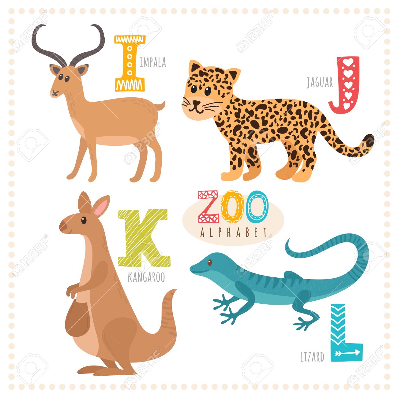 かわいい漫画の動物 変な動物と動物園のアルファベット 私 J K L の文字 インパラ ジャガー カンガルー トカゲ ベクトル図 のイラスト素材 ベクタ Image