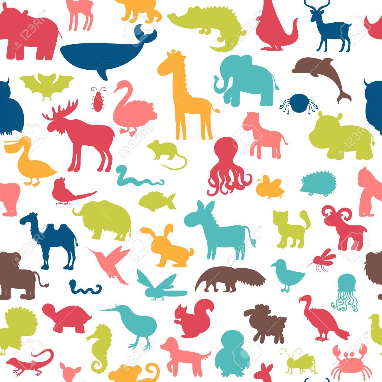 着色された動物のシルエットとのシームレスなパターン かわいい背景 のイラスト素材 ベクタ Image 着色された動物のシルエットとのシームレスなパターン かわいい背景 のイラスト素材 ベクタ Image