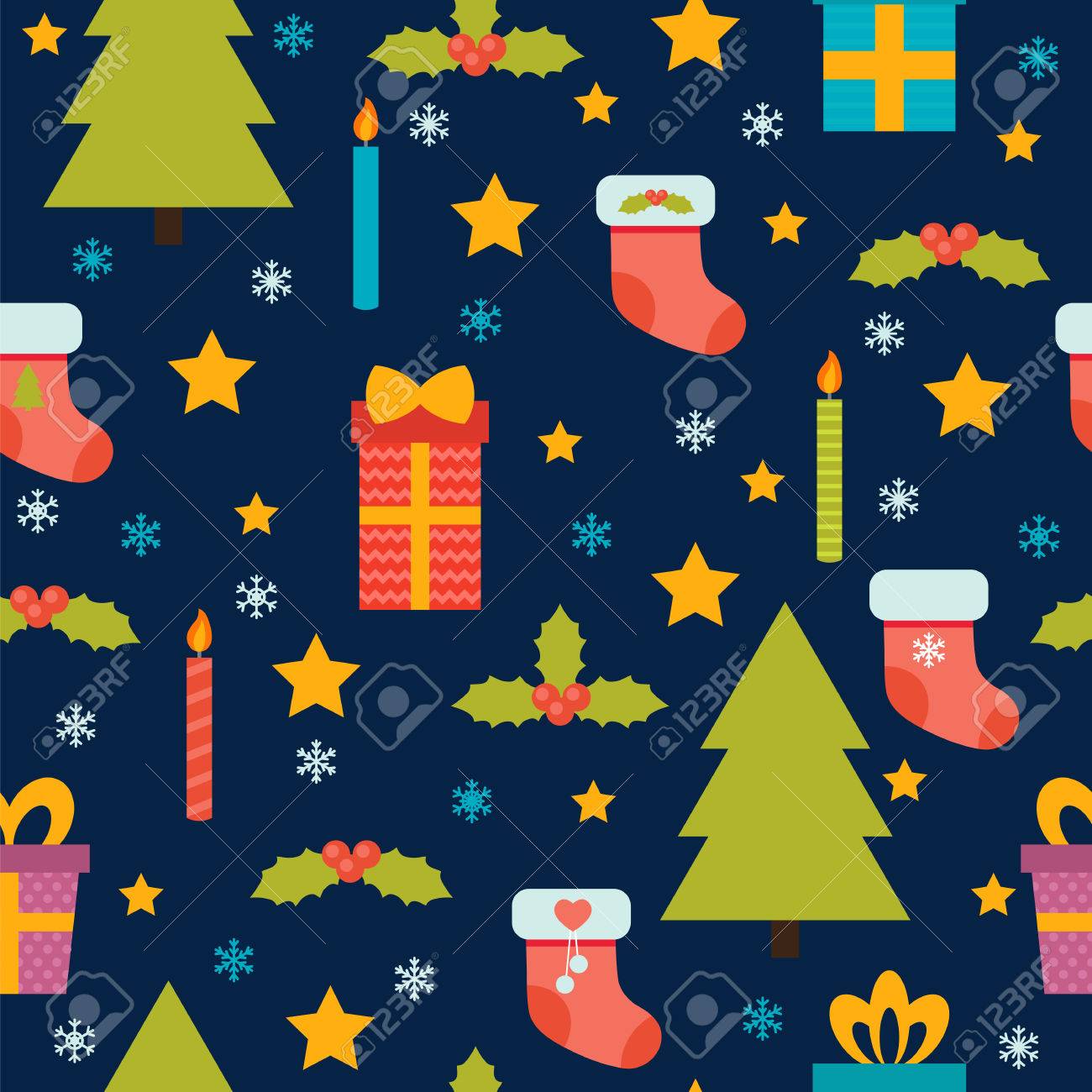 クリスマスのシームレスなパターン クリスマス ツリー 雪の結晶 星 ギフト ボックス ヒイラギの果実とクリスマスのストッキングでかわいい 背景 ベクトル図のイラスト素材 ベクタ Image