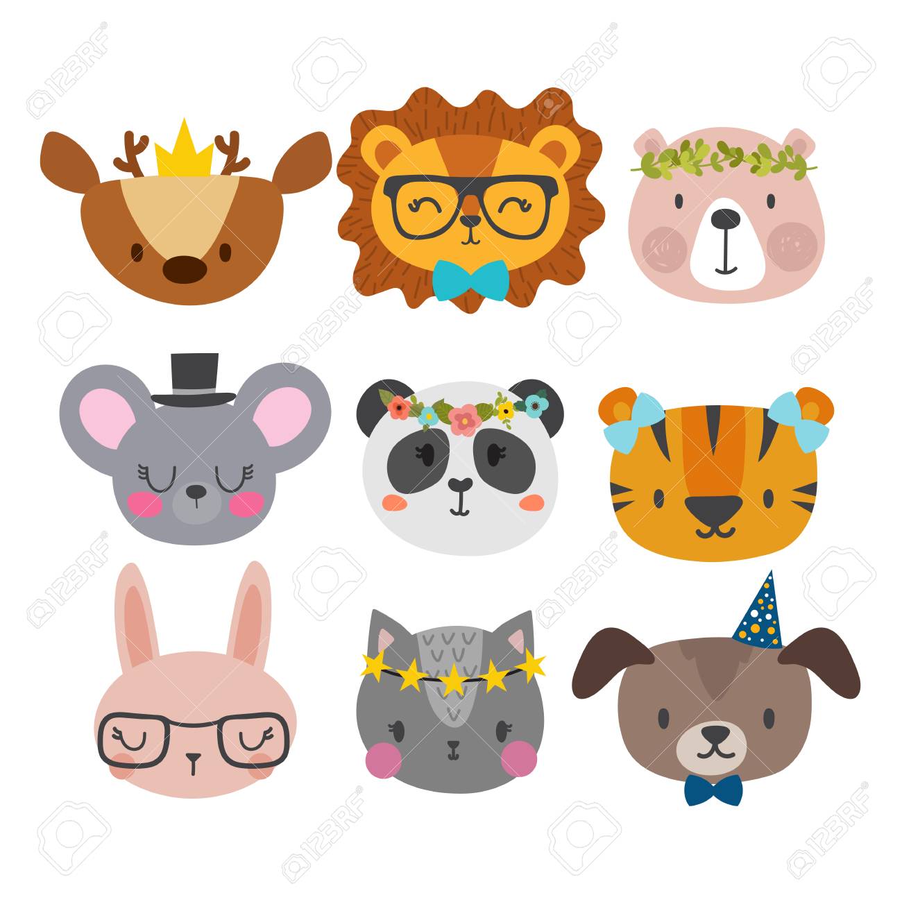 Cute Animals With Funny Accessories. Cat, Lion, Panda, Dog, Tiger, Deer, Bunny, Mouse And Bear. Royalty Free SVG, Cliparts, Vectors, And Stock Illustration. Image 75451436. Cute Animals With Funny Accessories. Cat, Lion, Panda, Dog, Tiger, Deer, Bunny, Mouse And Bear. Royalty Free SVG, Cliparts, Vectors, And Stock Illustration. Image 75451436.