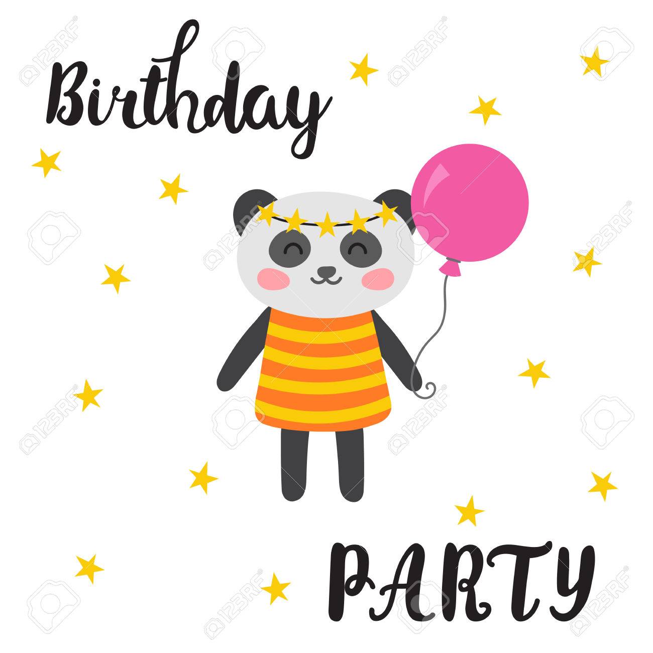 Happy Birthday Greeting Card Cute Postcard With Funny Little Panda Cartoon Animals Vector Illustration Royalty Free Cliparts Vectors And Stock Illustration Image