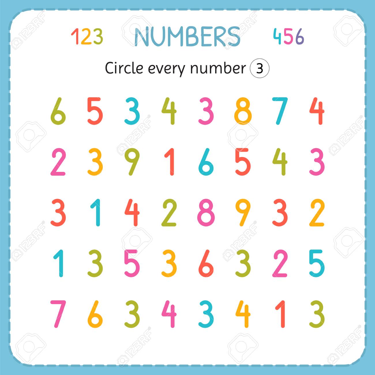 circle every number three numbers for kids worksheet for kindergarten and preschool training to write and count numbers exercises for children vector illustration royalty free svg cliparts vectors and stock illustration image