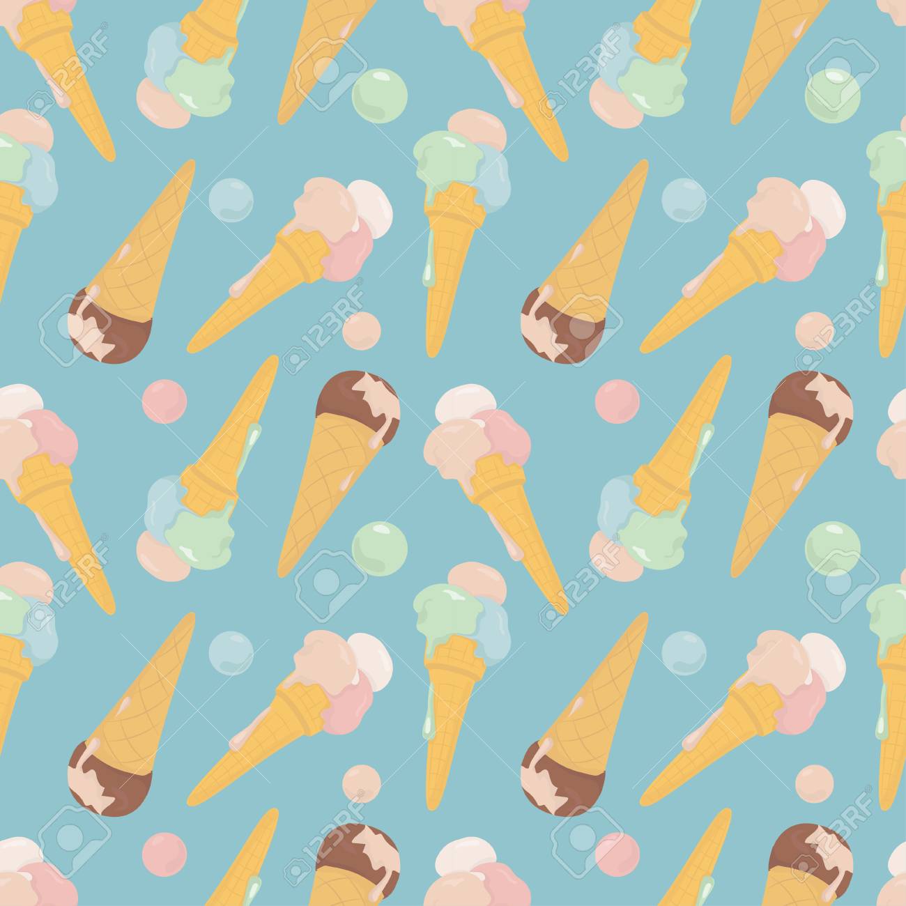 ワッフル コーンのアイスクリームの種類のカラフルなシームレス パターン のイラスト素材 ベクタ Image
