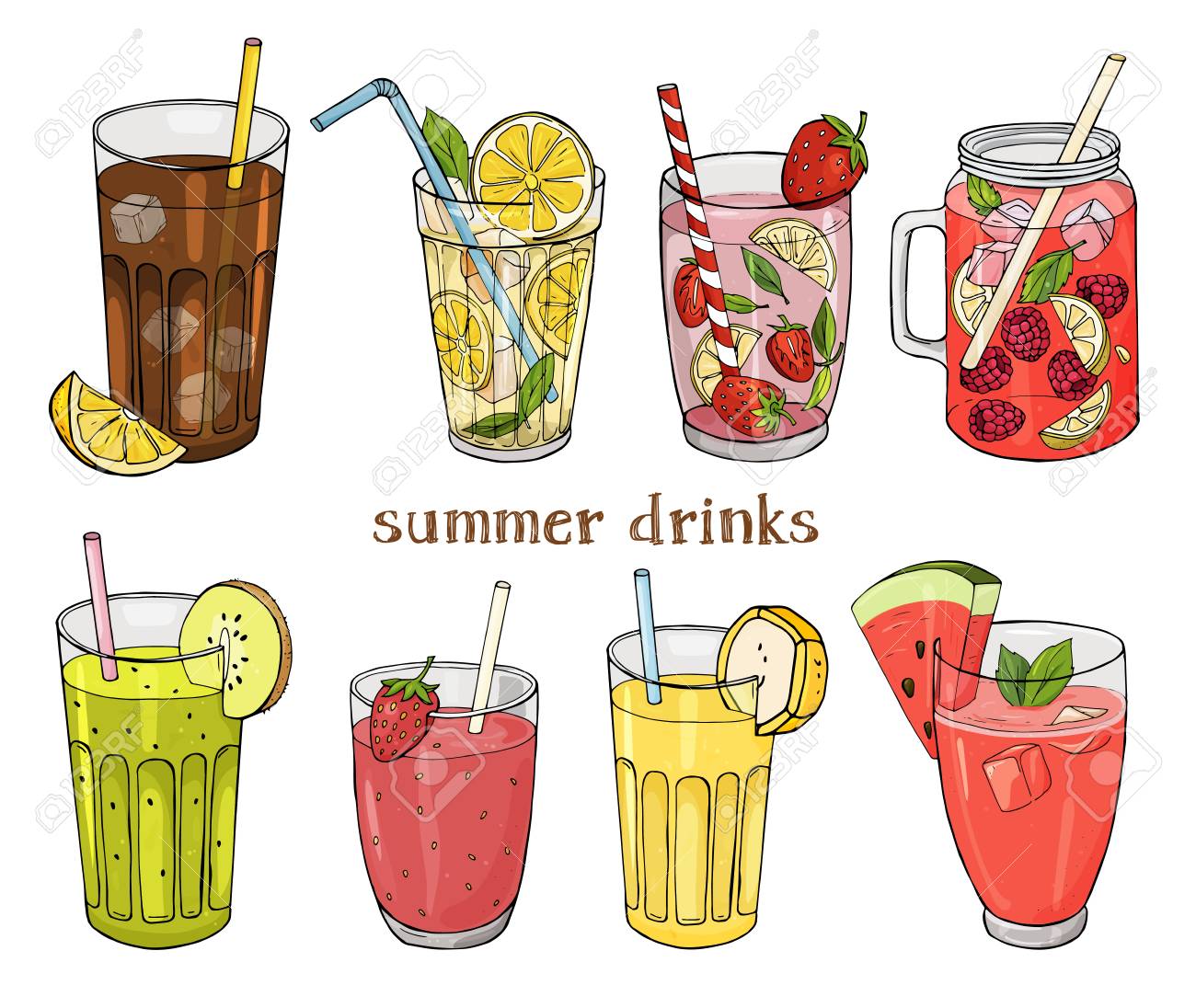Set Of Non Alcoholic Summer Drinks Lemonade And Soda Strawberry Royalty Free Cliparts Vectors And Stock Illustration Image 102981102