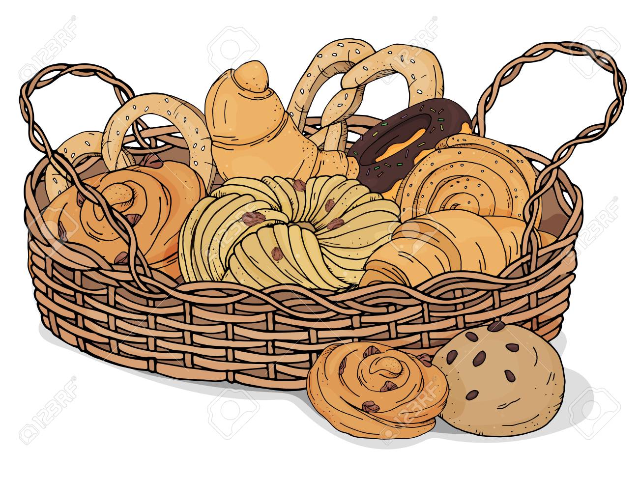 Fresh Baked Goods And Sweet Pastries In Wicker Basket On White Background.  Croissant, Pretzel, Raisin Buns. Vector Illustration In Sketch Style.  Royalty Free SVG, Cliparts, Vectors, and Stock Illustration. Image  113234040., image size:1300x975