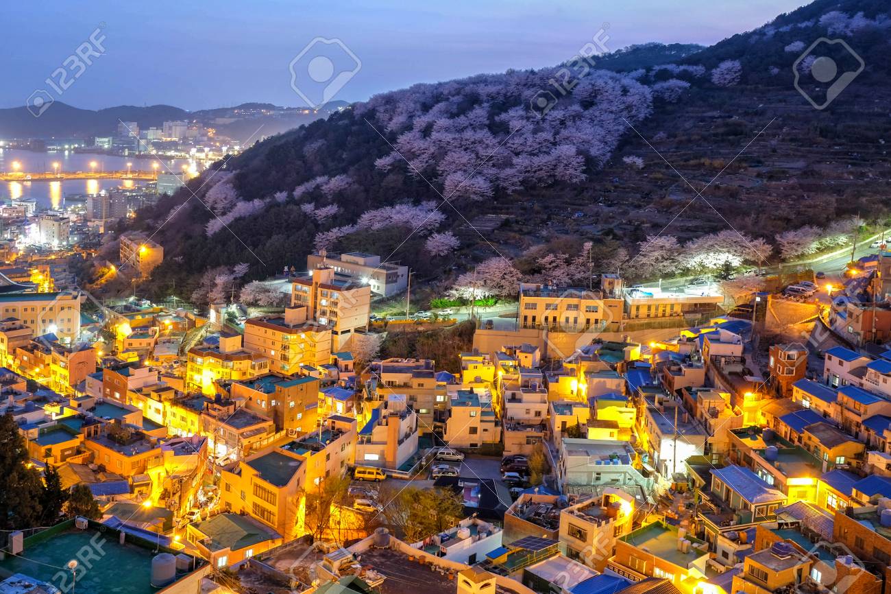 Night View Of Gamcheon Culture Village Busan South Korea Stock