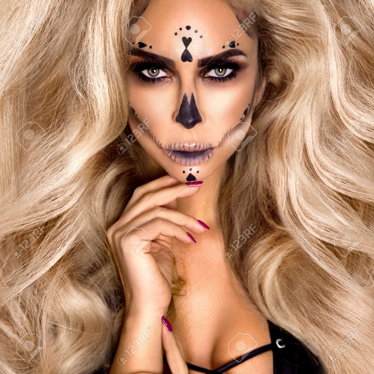 Halloween Sexy Witch Portrait. Beautiful Young Woman In Witches Makeup With  Long Curly Blonde Hair. Halloween Makeup, Visage. Wide Halloween Party Art  Design - Image Stock Photo, Picture and Royalty Free Image., image size:1300x1300