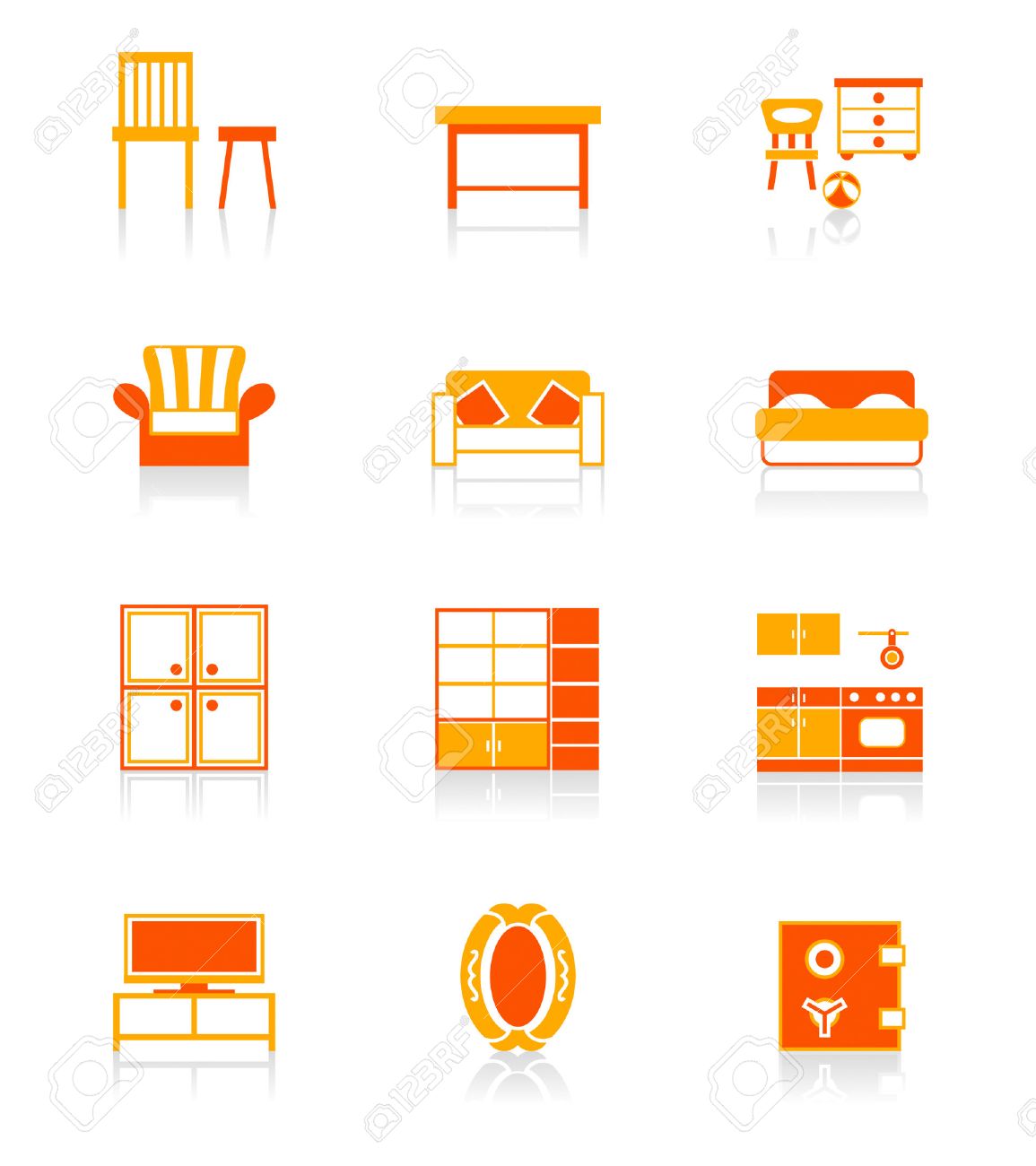 Modern Furniture Icon modern home furniture icon set in red-orange. royalty free Modern Furniture Icon modern home furniture icon set in red-orange. royalty free