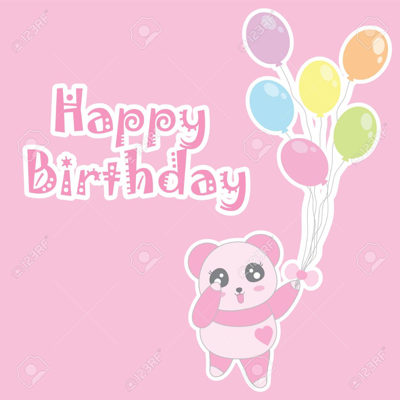 birthday illustration with cute baby pink panda bring balloons pink birthday invitation