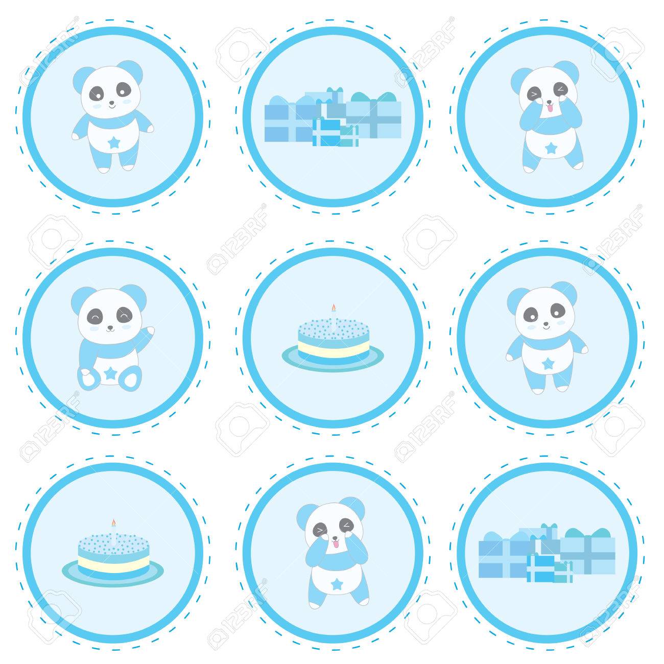 birthday illustration with cute blue panda gifts and birthday