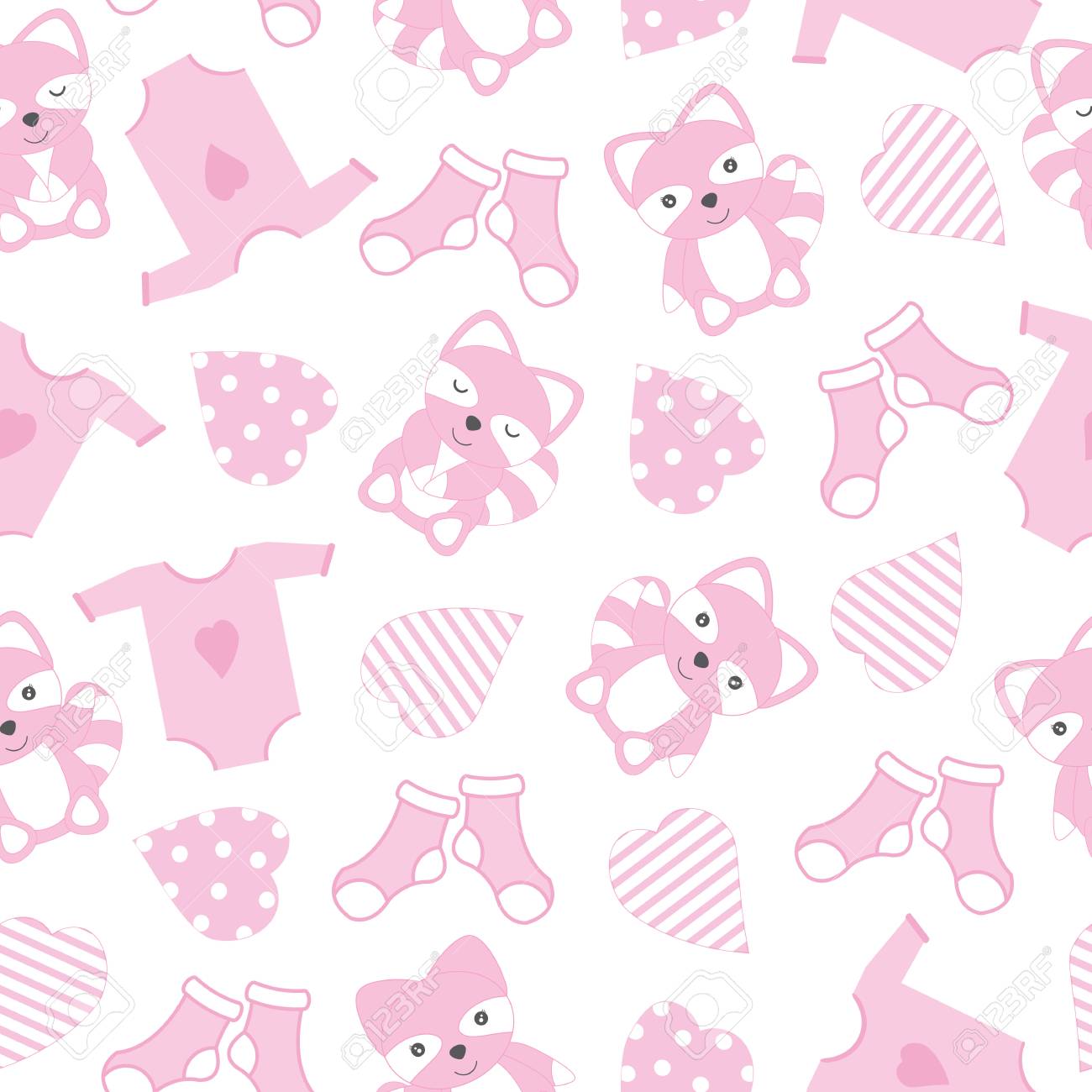 Baby Shower Seamless Background With Cute Raccoon Baby Clothes Baby Shower Seamless Background With Cute Raccoon Baby Clothes
