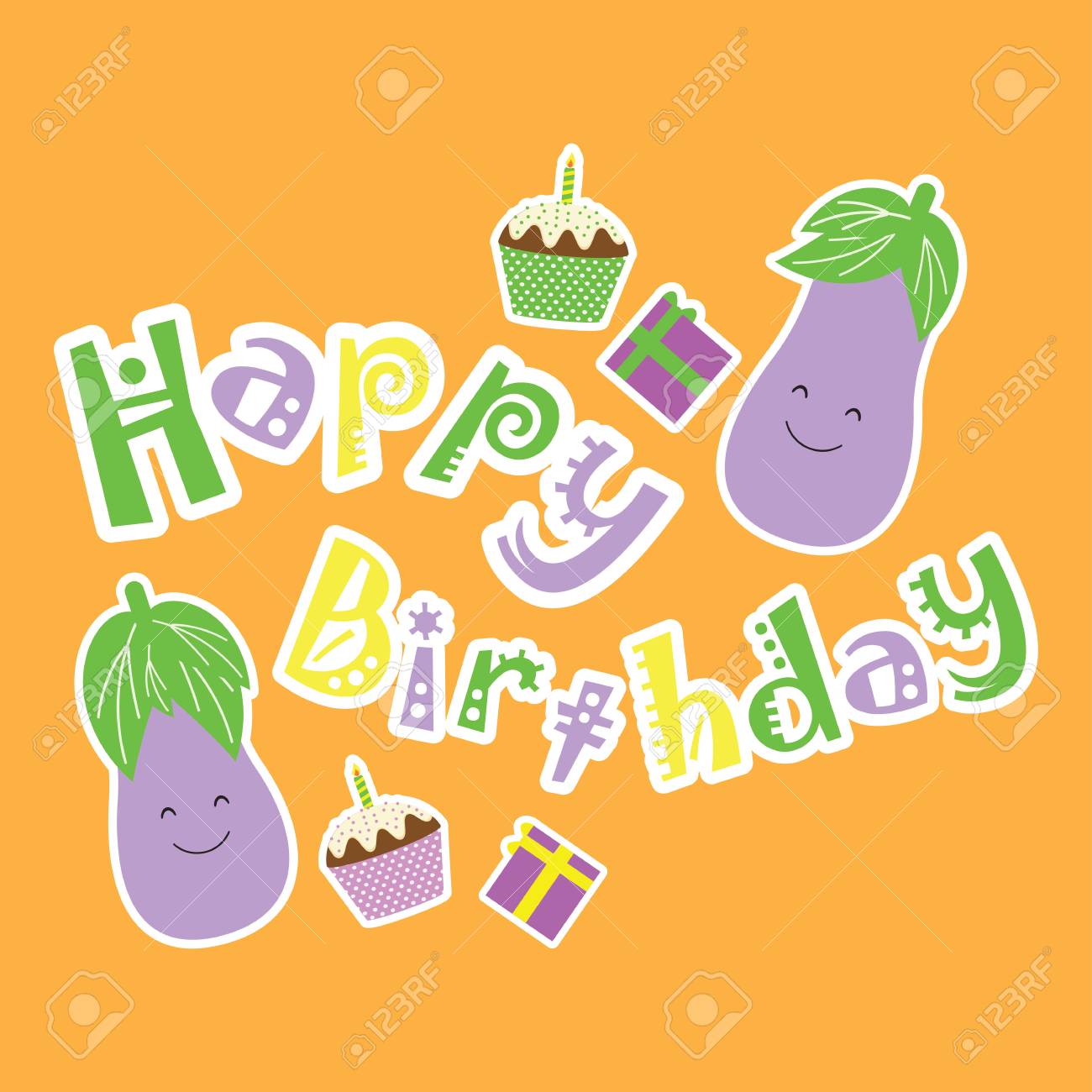 Carnet De Cartes D Anniversaire Dessine Avec Une Adorable Aubergine Un Gateau D Anniversaire Et Un Cadeau Sur Fond Orange Approprie Pour Un Fond D Ecran Et Une Carte Postale Pour Enfants Clip Art Libres
