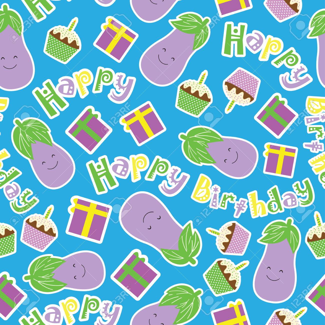 Dessin De Vecteur De Motif Sans Couture Avec Une Adorable Aubergine Gateau D Anniversaire Et Cadeau Sur Fond Bleu Approprie Pour Un Fond D Ecran Pour Enfant Et Une Carte Postale Clip Art Libres