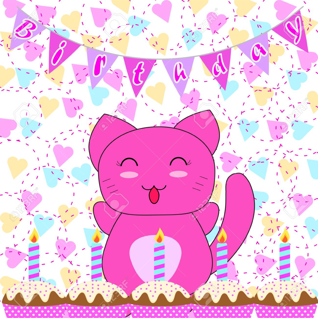 Carte D Anniversaire Avec Chat Mignon Et Gateau D Anniversaire Dessin Anime De Vecteur Pour L Invitation De Kid Anniversaire Banniere Et Carte Postale Clip Art Libres De Droits Vecteurs Et Illustration Image