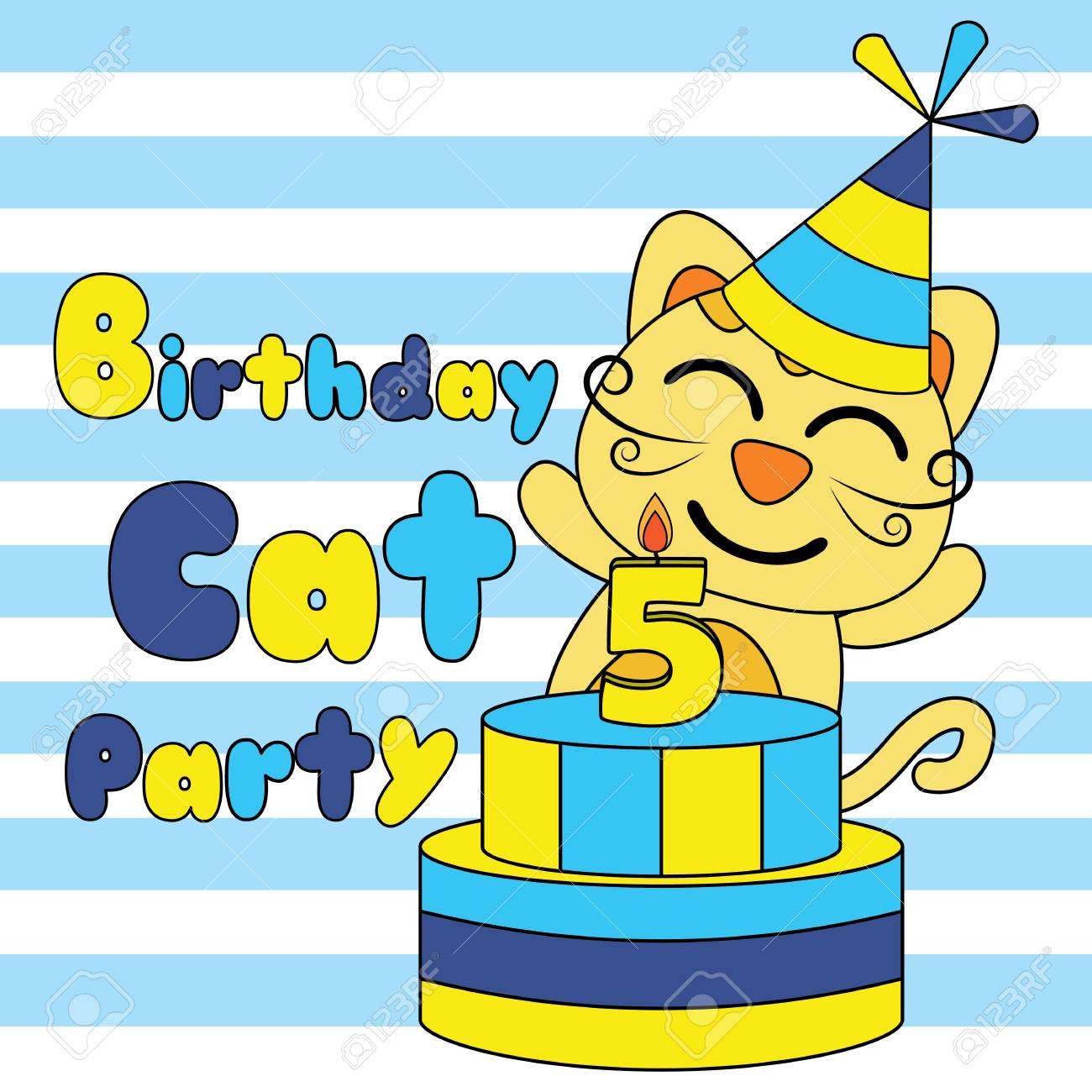 Carte De V Ux D Anniversaire Avec Chat Mignon Et Gateau D Anniversaire Sur Fond Raye Adapte A La Conception De Cartes Postales Et Aux Cartes De Voeux Clip Art Libres De Droits Vecteurs