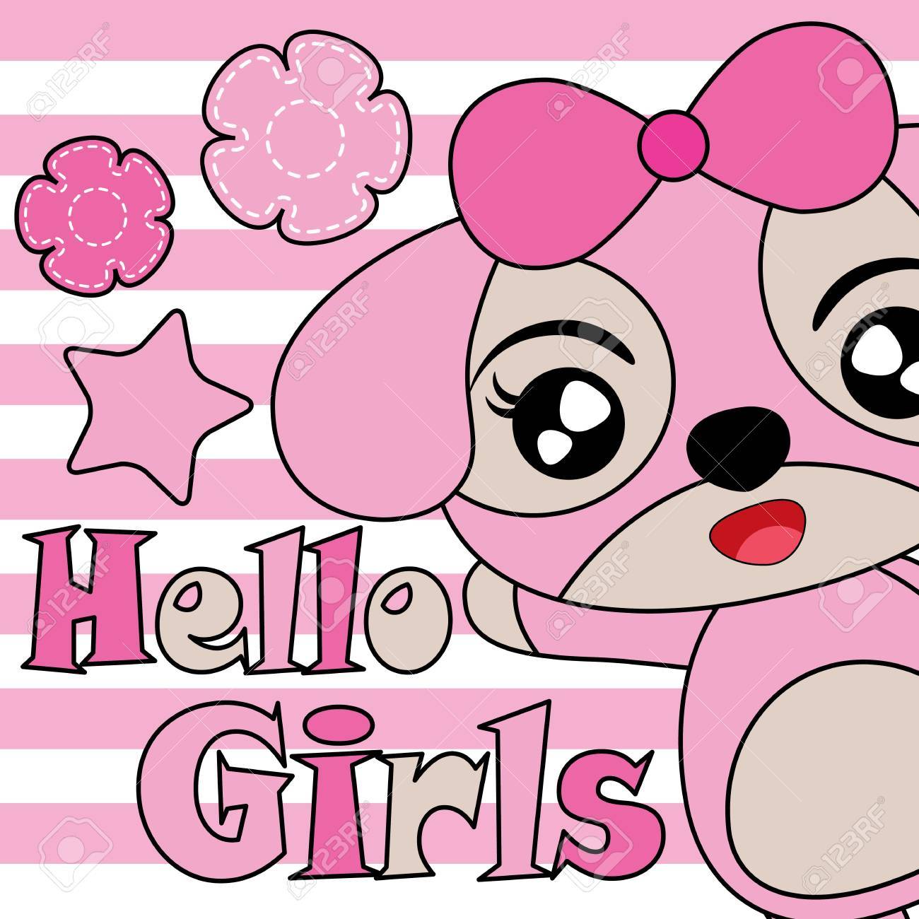 Illustration De Dessin Animé De Vecteur Avec Chiot Mignon Fleurs Et étoiles Pour La Conception Graphique De T Shirt Enfant Toile De Fond Et Fond