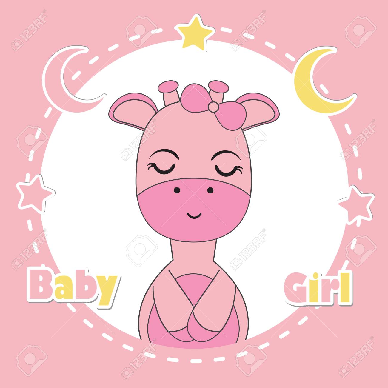 ベビー シャワーの招待状カードのデザイン はがき かわいいキリンと月と星の壁紙 のイラスト素材 ベクタ Image