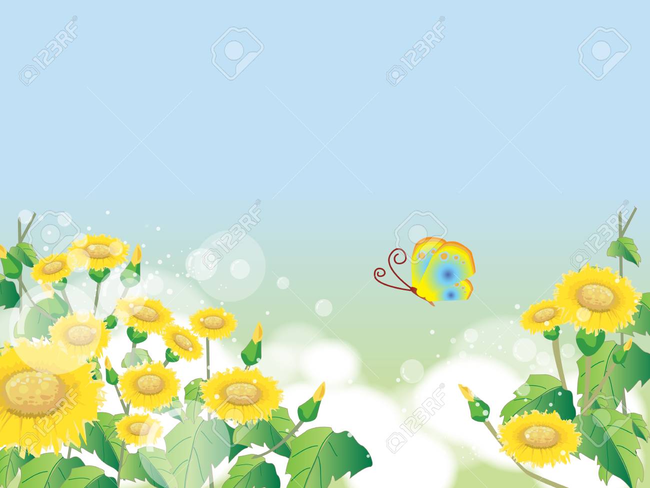花夏や春の風景 花 青い空蝶と草原 のイラスト素材 ベクタ Image 花夏や春の風景 花 青い空蝶と草原 のイラスト素材 ベクタ Image