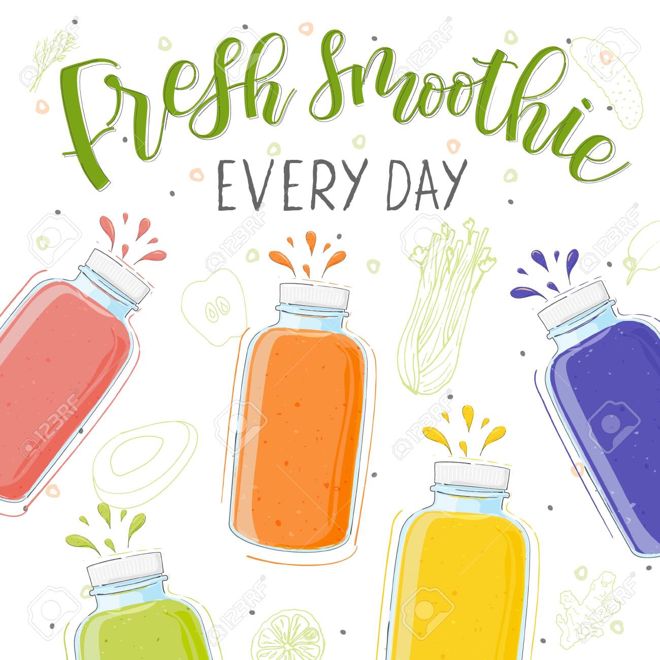 Fresh smoothie in different bottles. Every day. Superfoods and health or detox diet food concept in doodle style. - 140701830 Fresh smoothie in different bottles. Every day. Superfoods and health or detox diet food concept in doodle style. - 140701830