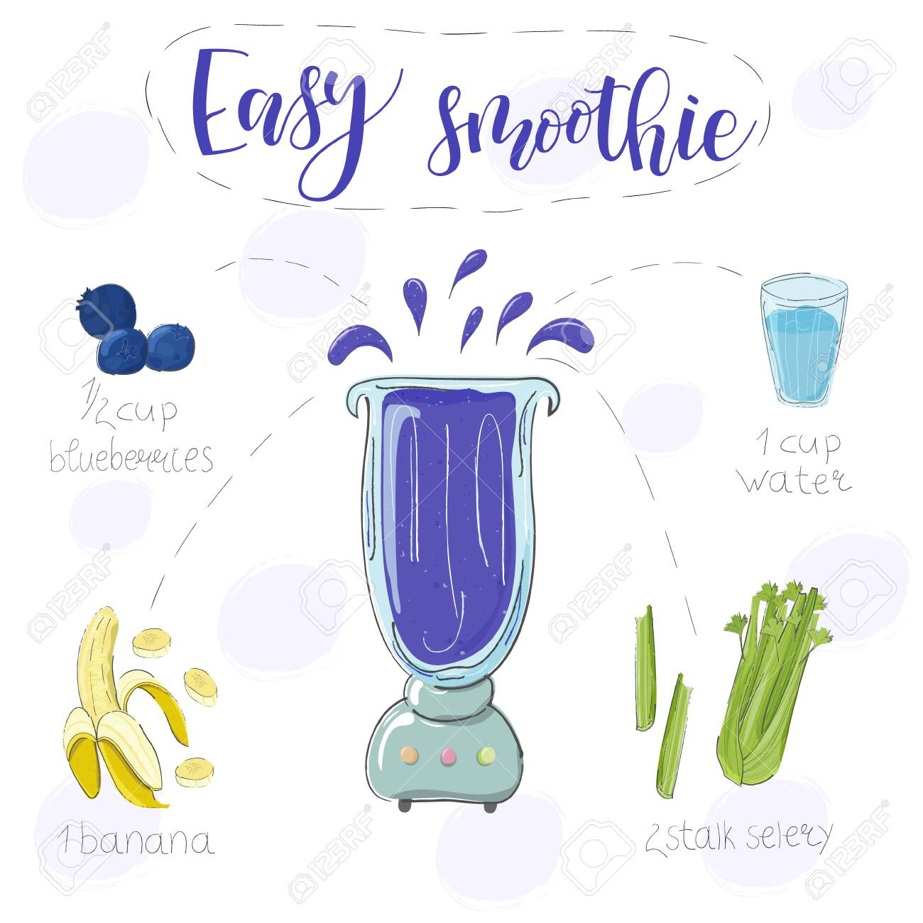 Easy smoothie recipe. With illustration of ingredients. Hand draw blueberries, banana, selery. Doodle style - 142335884 Easy smoothie recipe. With illustration of ingredients. Hand draw blueberries, banana, selery. Doodle style - 142335884