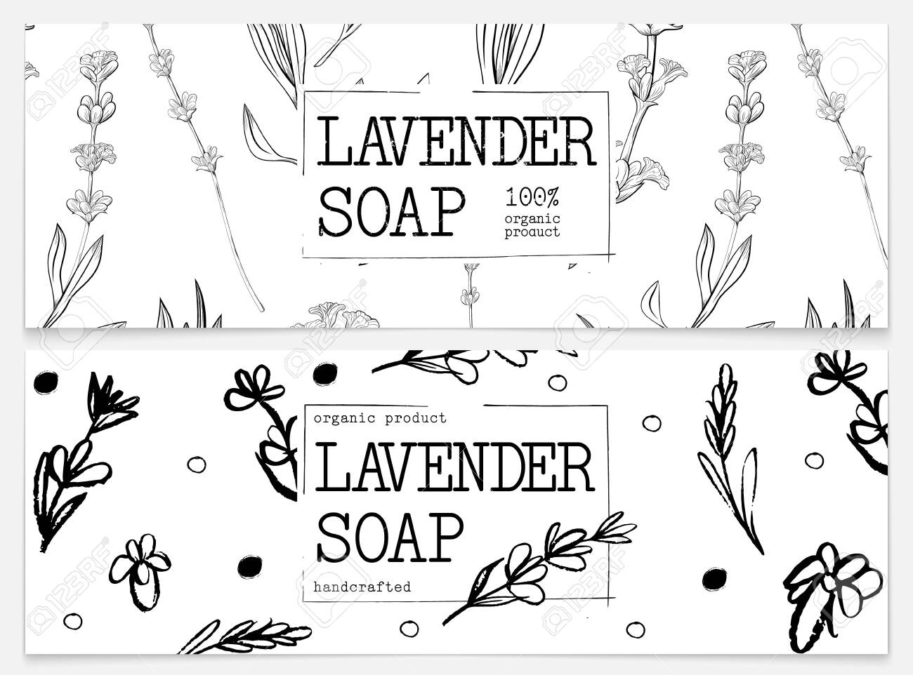 Set packaging of natural soap with lavender. Organic cosmetic natural soap. Vector hand drawn illustration. Black and white design. Design for natural and organic cosmetics, health care products. - 143802711 Set packaging of natural soap with lavender. Organic cosmetic natural soap. Vector hand drawn illustration. Black and white design. Design for natural and organic cosmetics, health care products. - 143802711