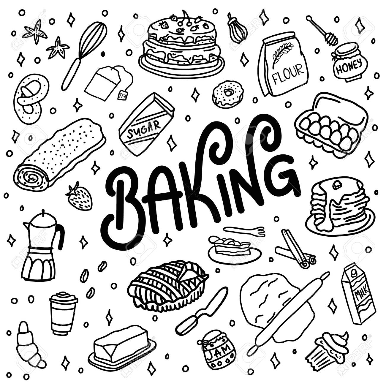 Hand drawn doodle baking utensils and kitchenware. lettering baking. White background - 151201087 Hand drawn doodle baking utensils and kitchenware. lettering baking. White background - 151201087