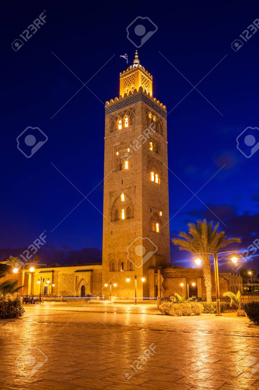 The Koutoubia Mosque Or Kutubiyya Mosque At Night, It Is The Largest Mosque  In Marrakesh, Morocco. Stock Photo, Picture and Royalty Free Image. Image  63324094., image size:866x1300
