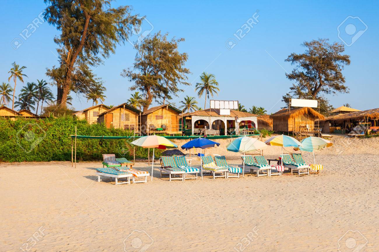 Beach Huts And Sunbeds On Arambol Beach In North Goa India